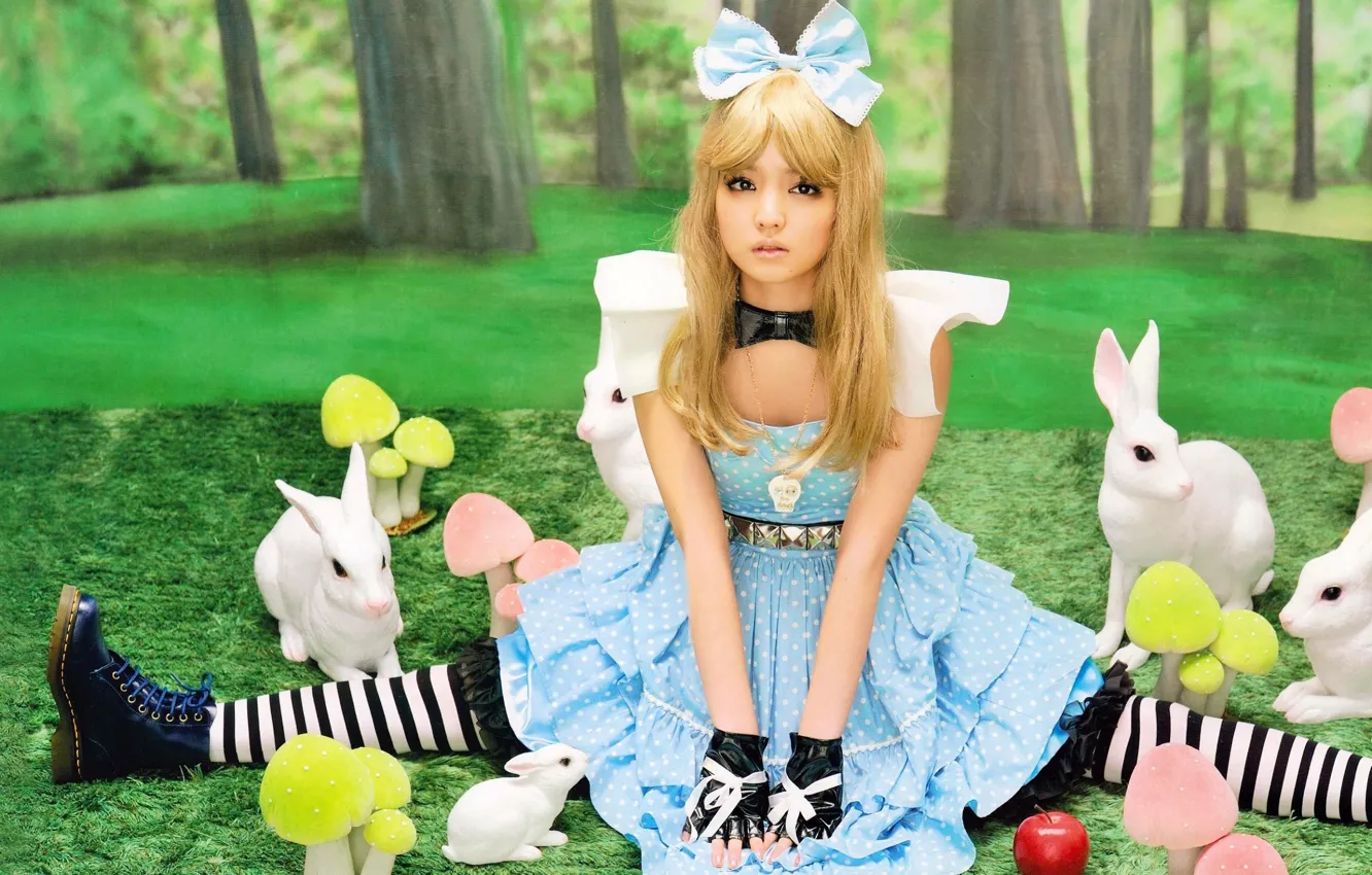 Photo wallpaper glade, apples, shoes, mushroom, gloves, bow, sitting, Alice in Wonderland