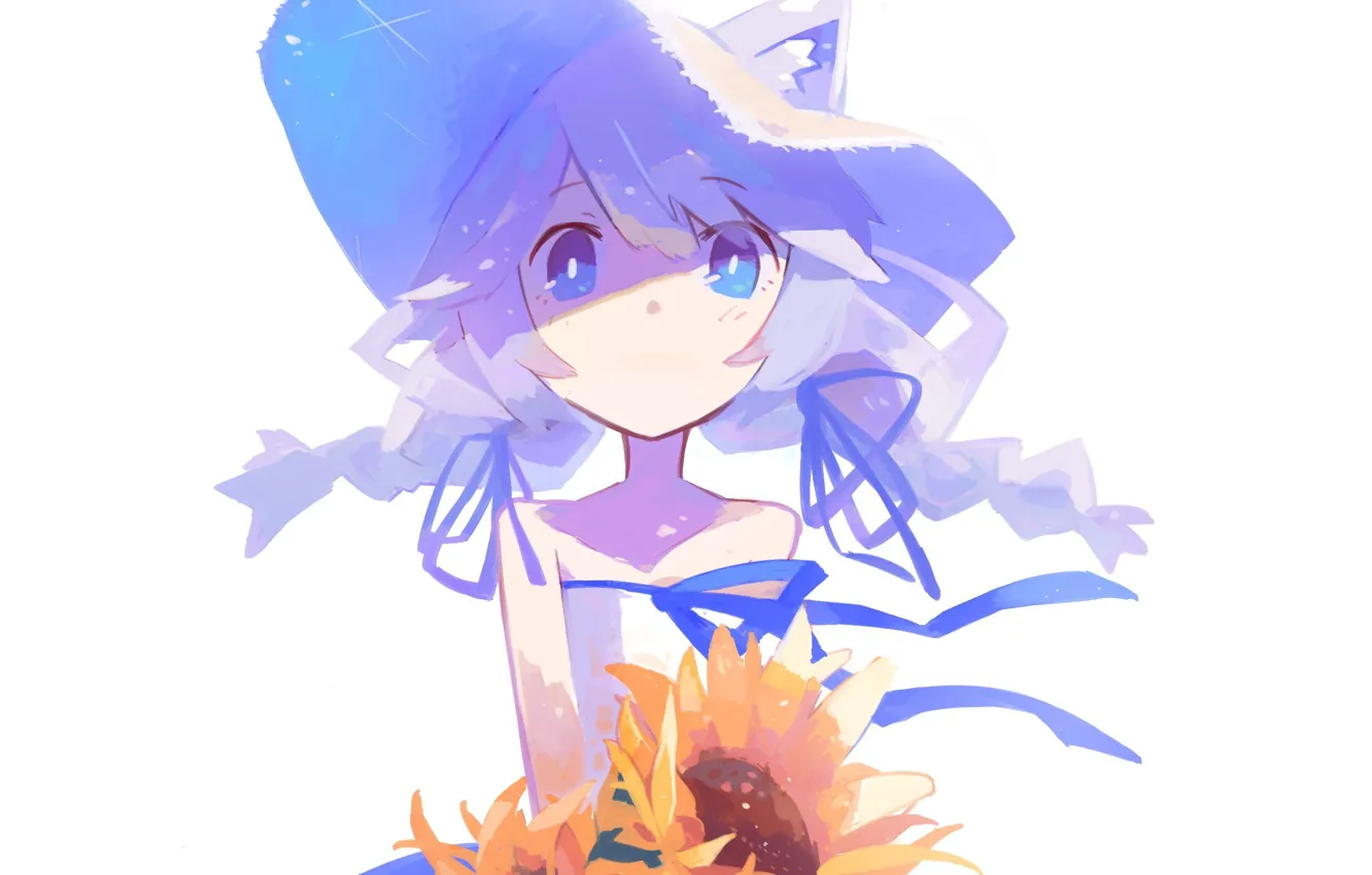 Photo wallpaper sunflowers, girl, white background, blue eyes, blue hair, in the hat, sundress