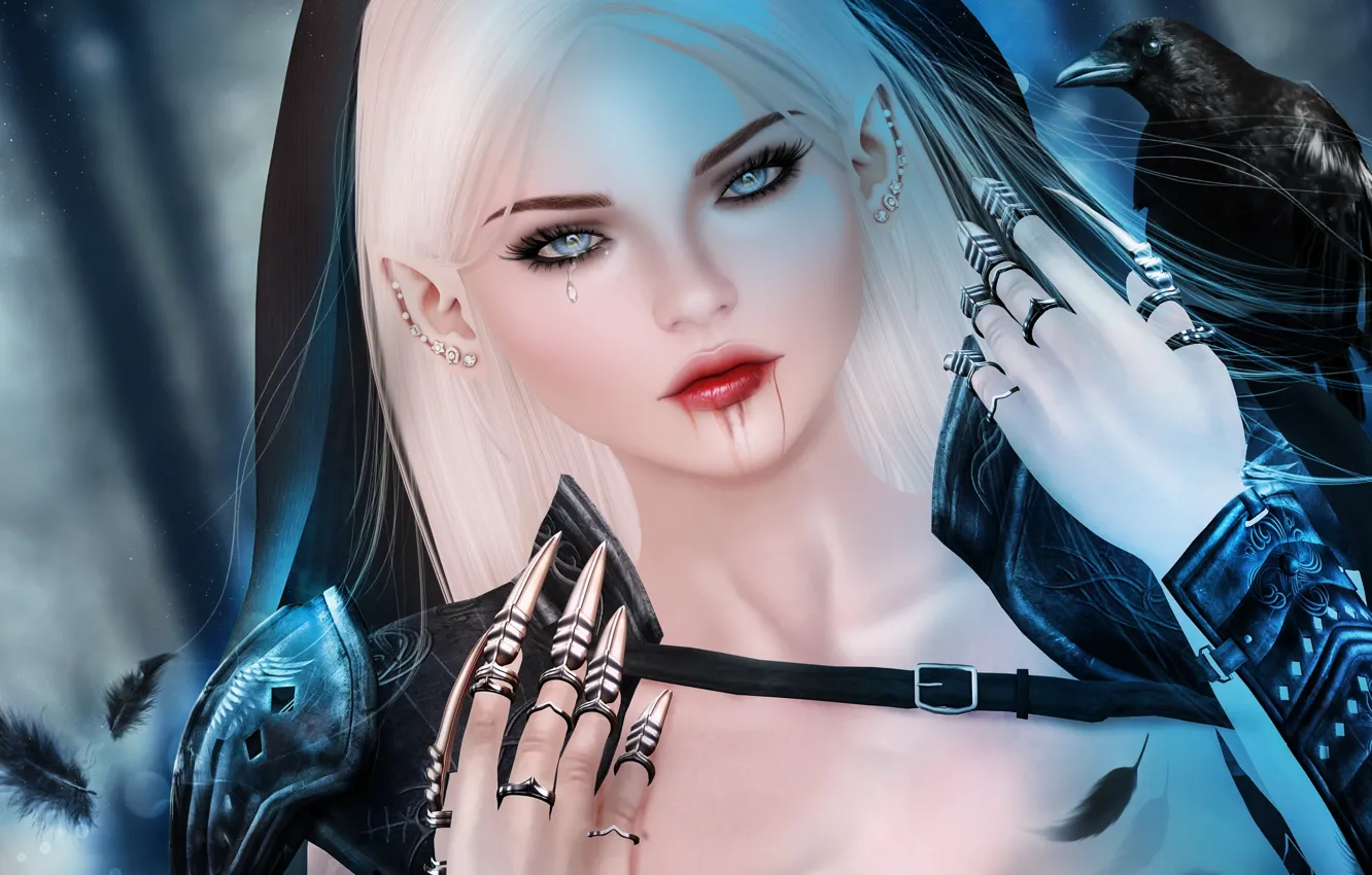 Photo wallpaper girl, blood, elf, tears, blonde, Raven, leggings