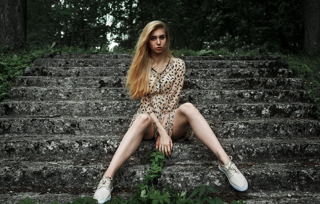 Photo wallpaper girl, blonde, legs, sitting, Pavel Tarakanov