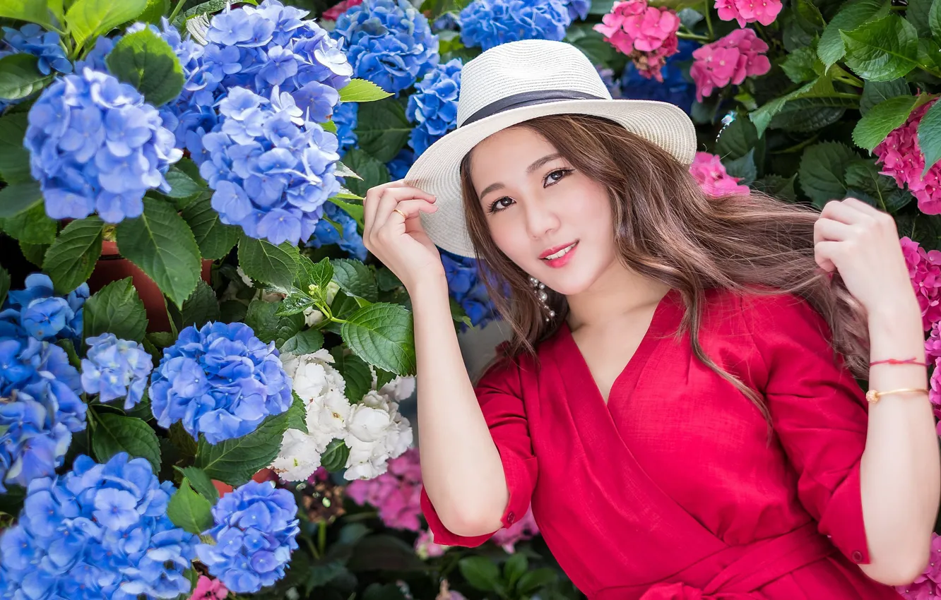 Photo wallpaper girl, flowers, hat, dress, Asian, cutie