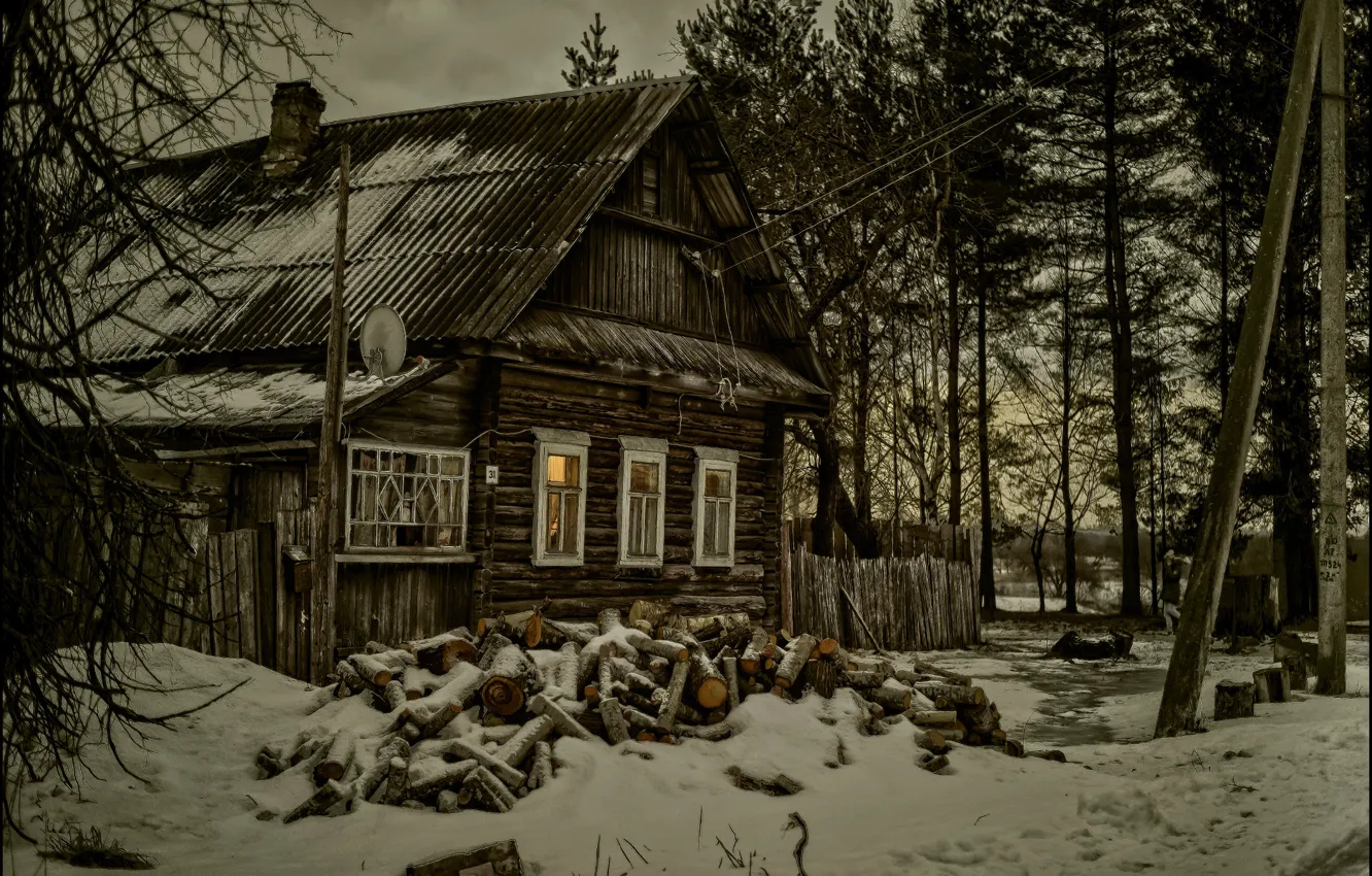 Photo wallpaper snow, home, treatment, village, wood, twilight