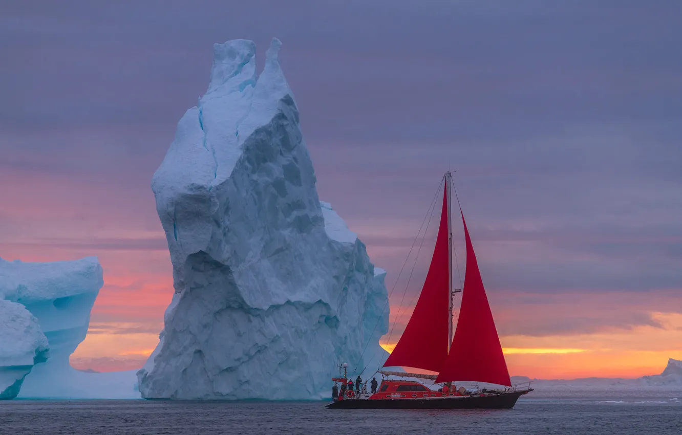 Photo wallpaper sea, landscape, boat, sailboat, morning, iceberg, scarlet sails, Greenland