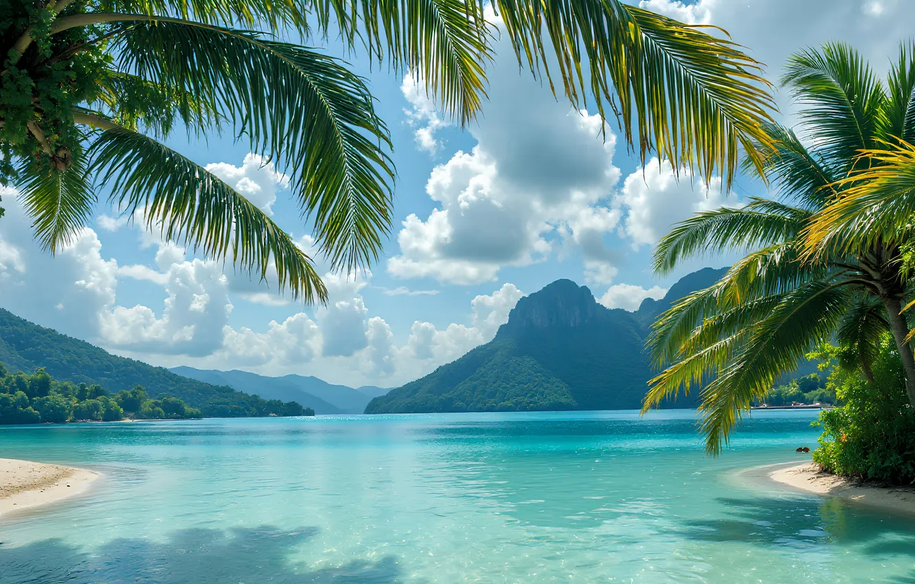 Photo wallpaper sea, beach, the sky, clouds, mountains, tropics, blue, palm trees