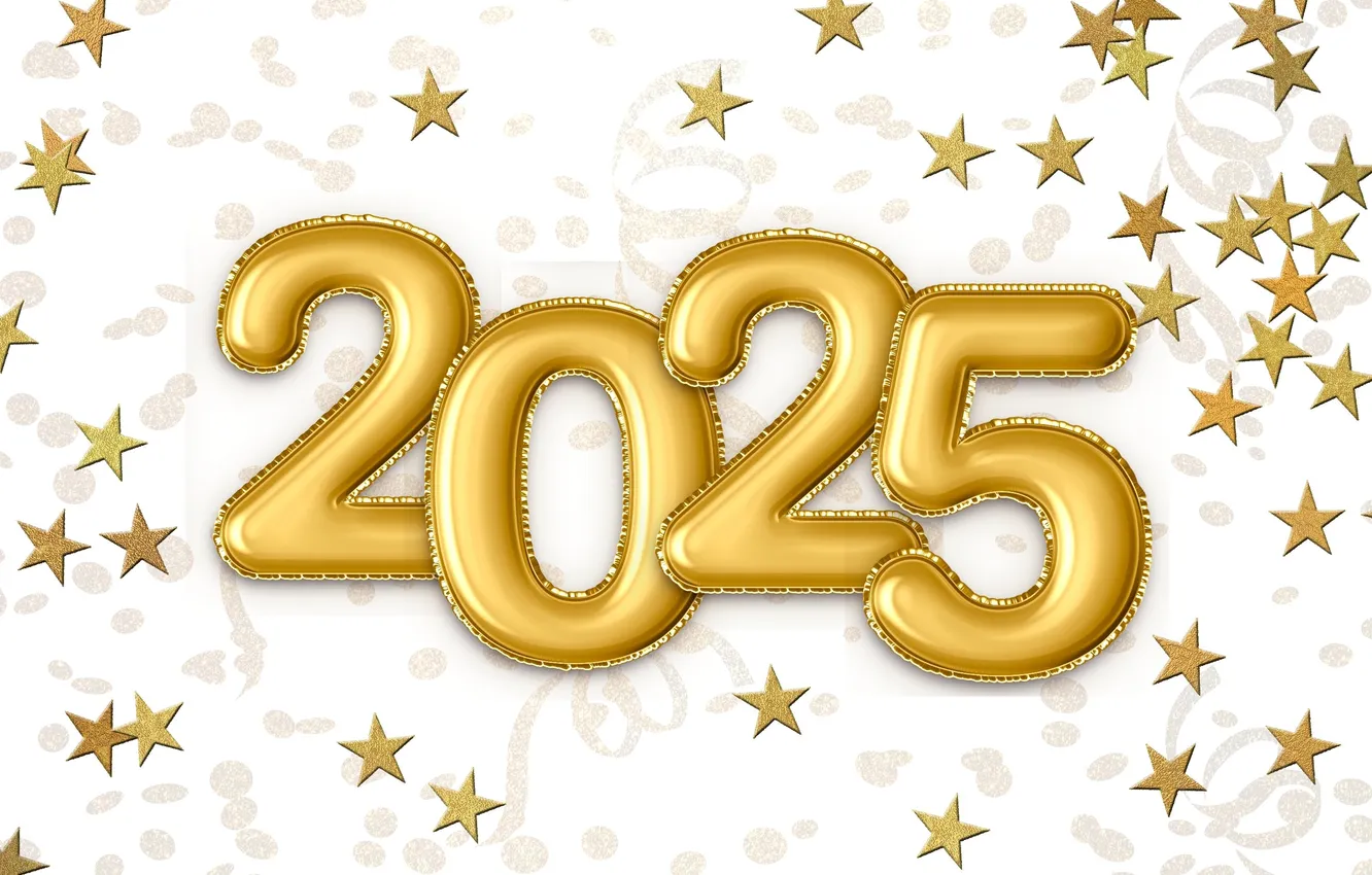 Photo wallpaper stars, new year, figures, white background, gold, gold plated, date, 2025