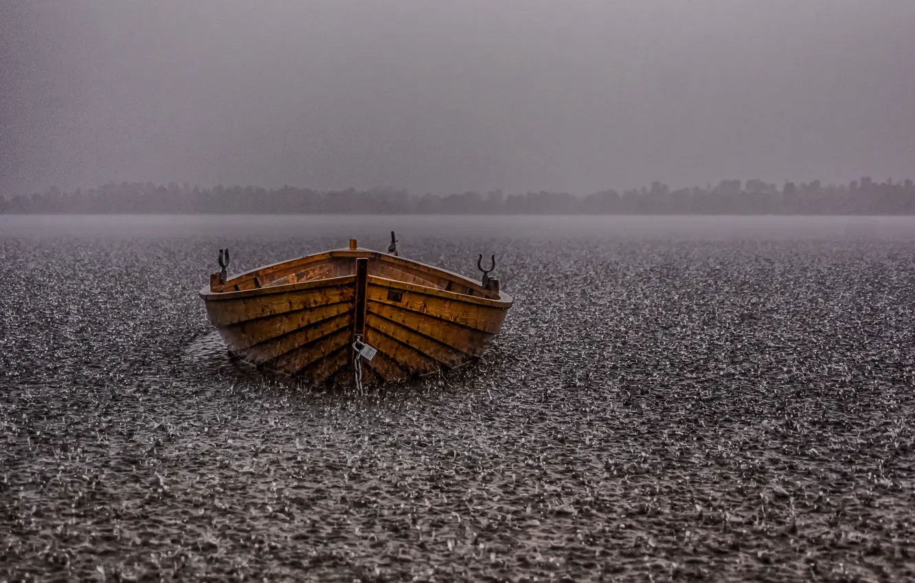 Photo wallpaper lake, rain, boat