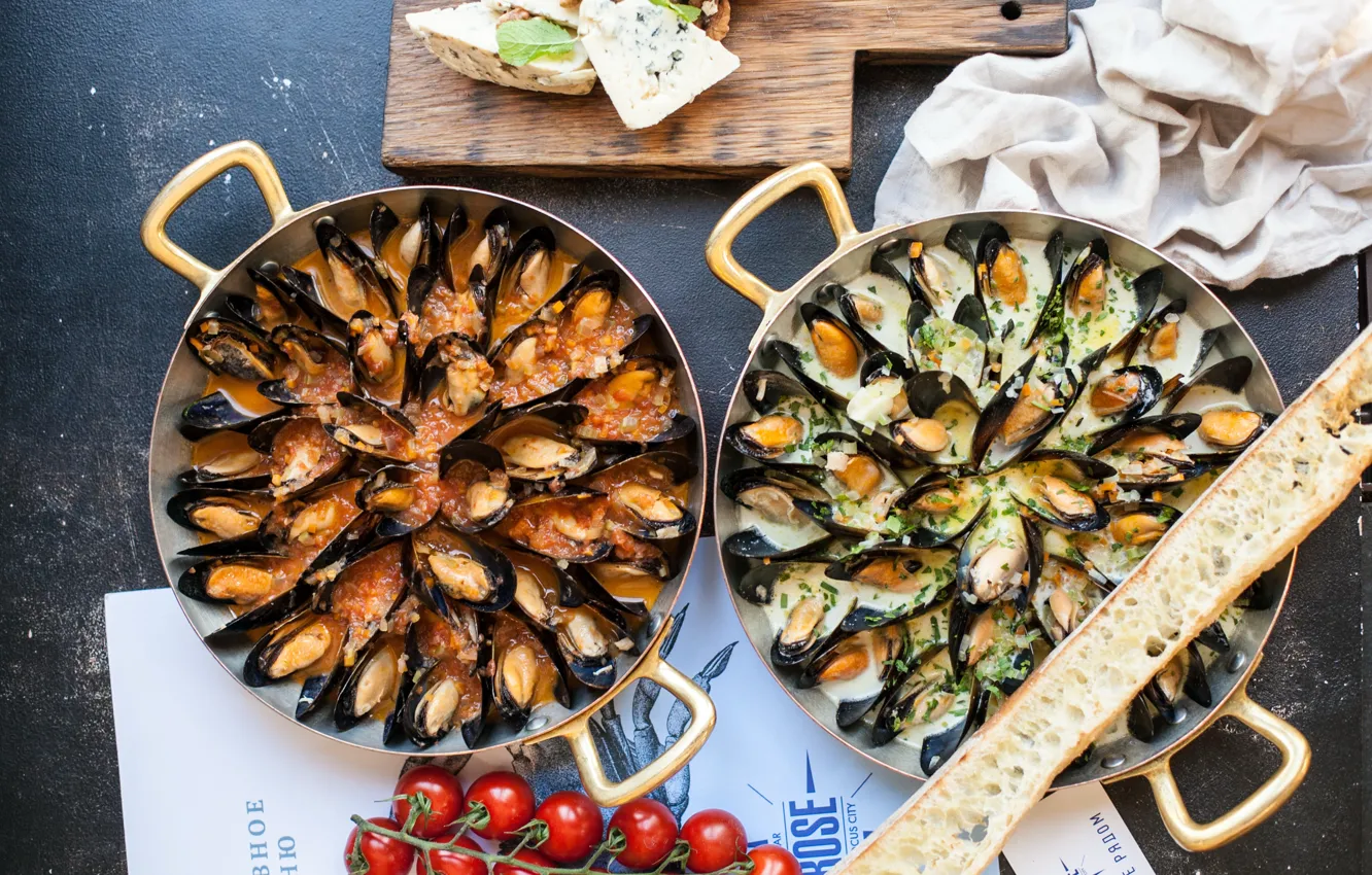 Photo wallpaper food, cheese, tomato, dish, seafood, mussels, baton