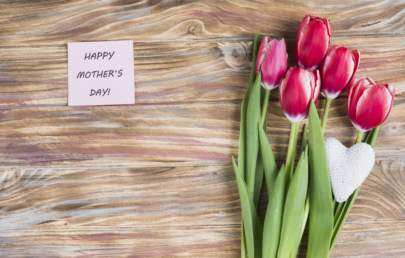 Photo wallpaper flowers, tulips, love, pink, fresh, heart, wood, pink