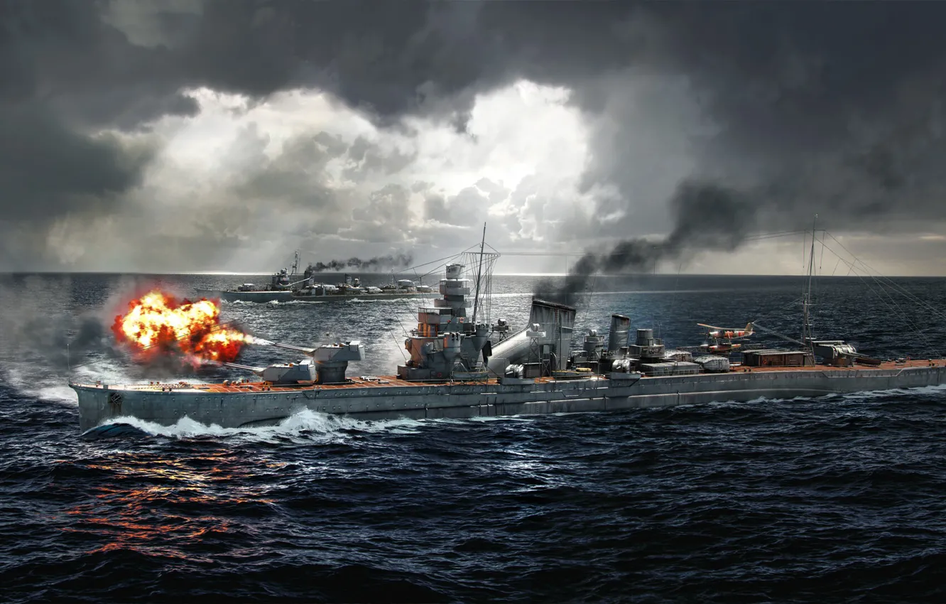 Photo wallpaper sea, the ocean, ship, volley, sea, ocean, cruiser, ship