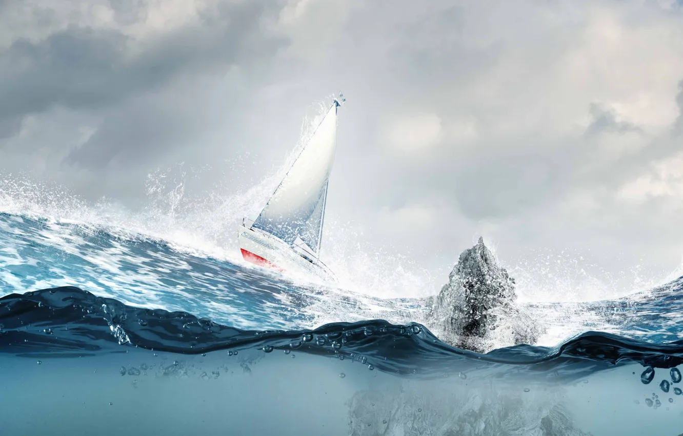 Photo wallpaper sea, wave, squirt, sailboat