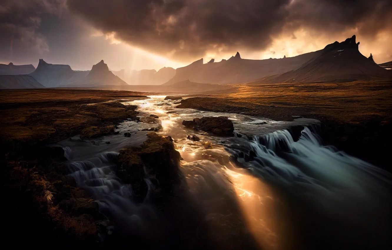 Photo wallpaper rays, light, landscape, mountains, clouds, nature, fog, river