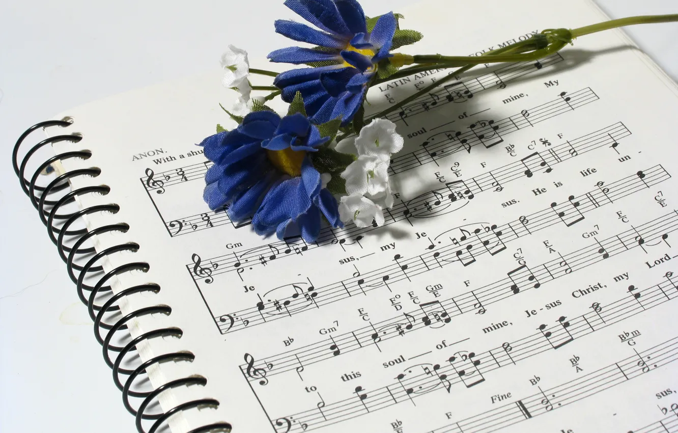 Photo wallpaper flowers, notes, music, notebook