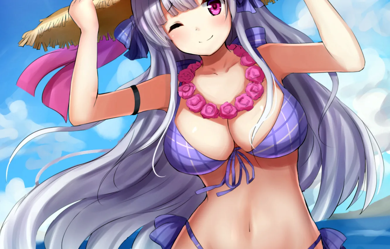 Photo wallpaper girl, sexy, cleavage, long hair, sea, boobs, anime, beautiful