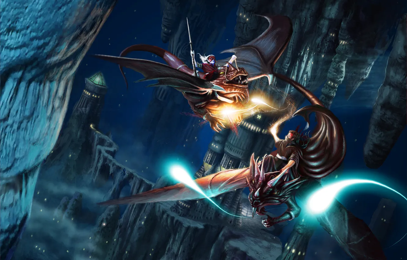 Photo wallpaper the city, rocks, magic, dragon, art, male, rider, battle