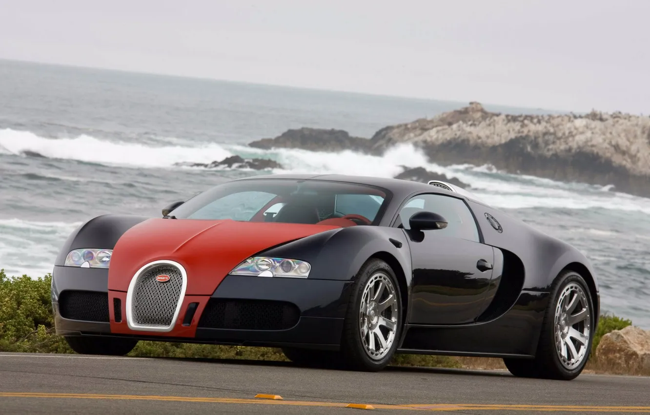 Photo wallpaper sea, asphalt, rocks, tuning, Bugatti Veyron, tuning, Bugatti Veyron