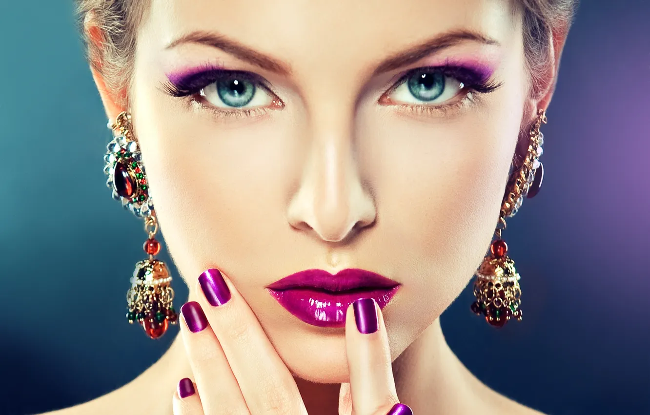 Photo wallpaper look, girl, earrings, makeup, blue-eyed