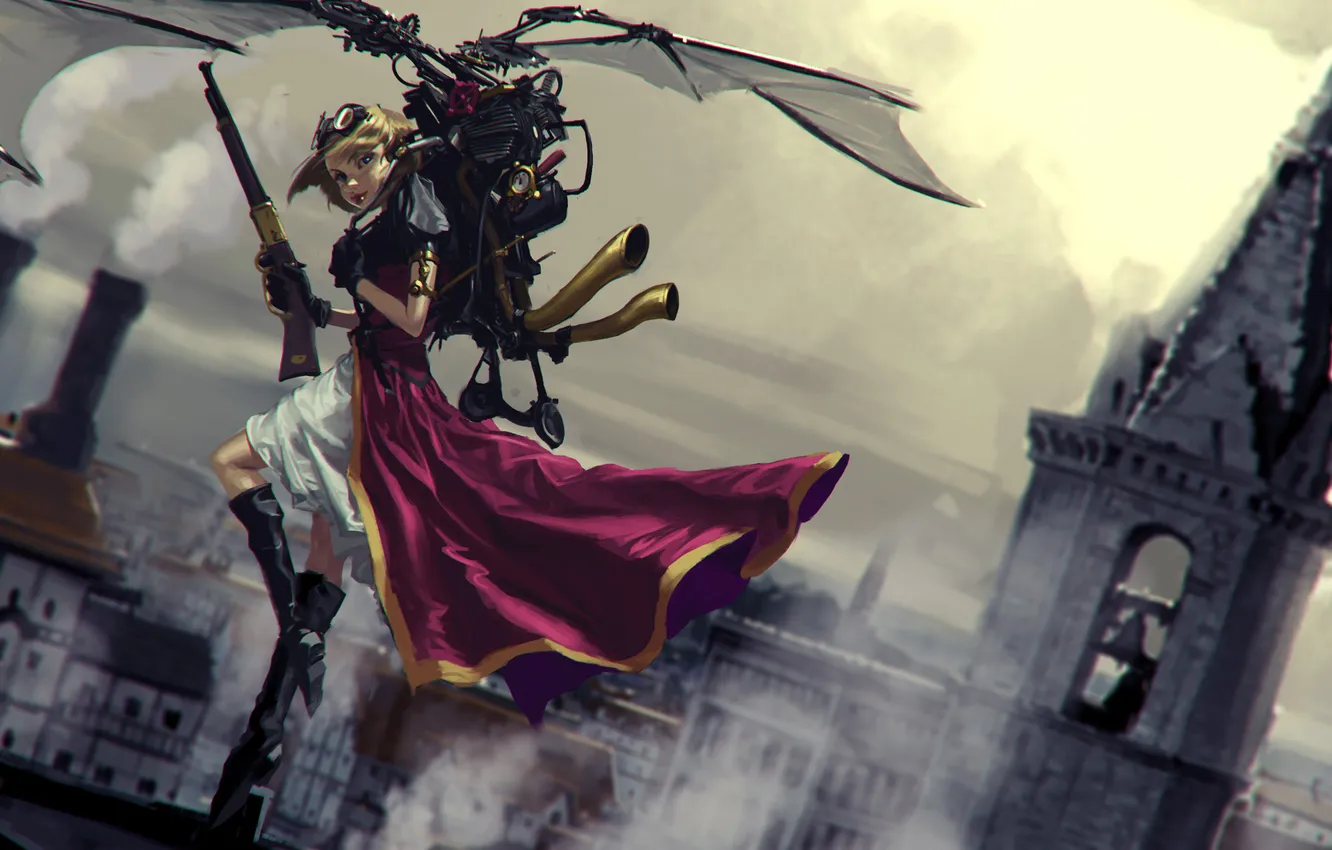 Photo wallpaper girl, flight, the city, weapons, mechanism, steampunk