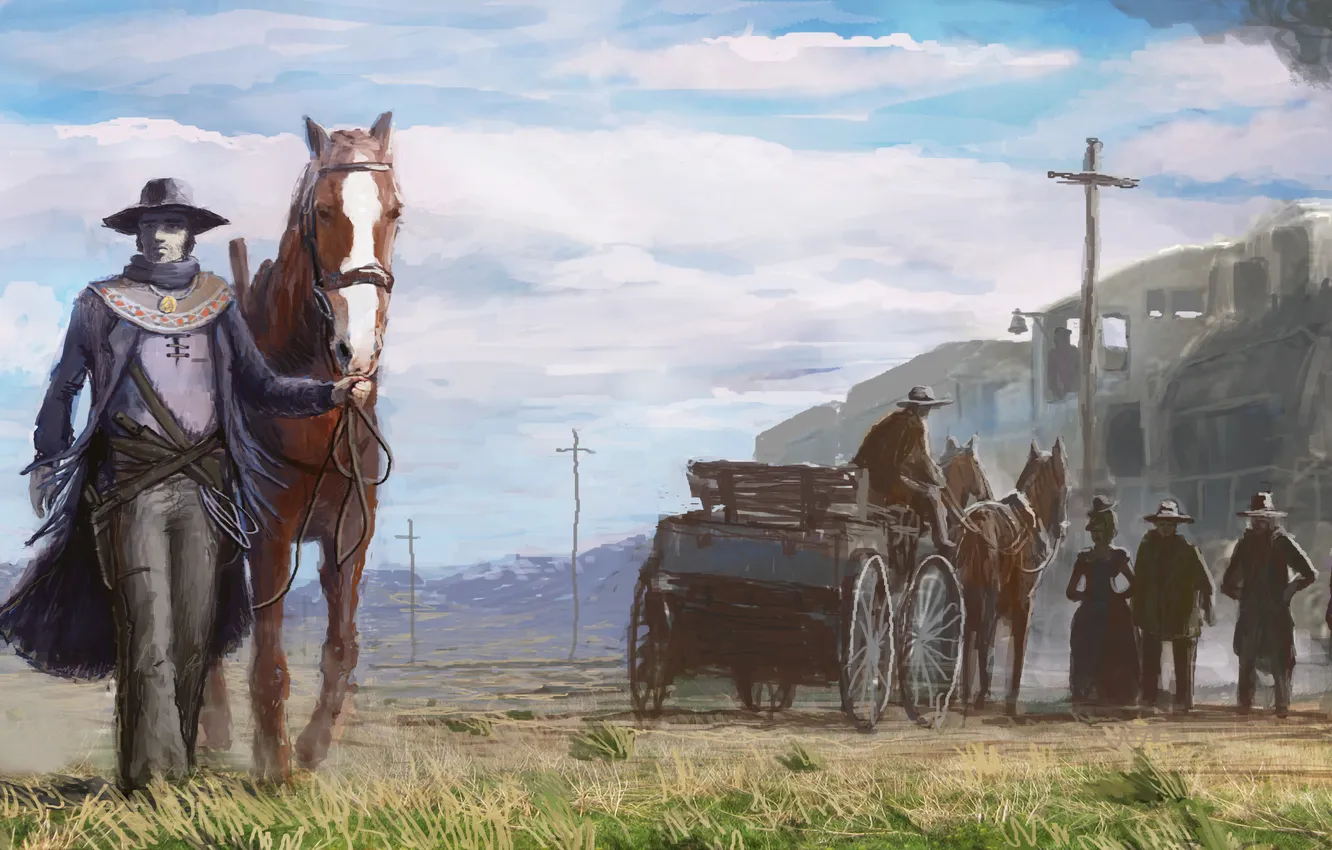 Photo wallpaper road, train, horse, wagon, wild West, Cowboys
