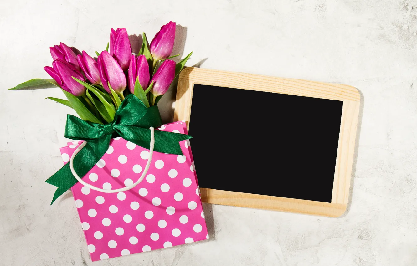 Photo wallpaper flowers, bouquet, package, tulips, pink, fresh, wood, pink
