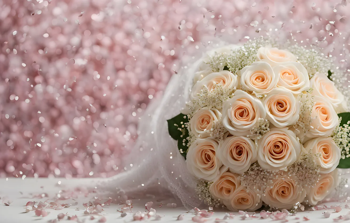Photo wallpaper holiday, roses, bouquet, cream, pink background, bokeh, wedding, holiday