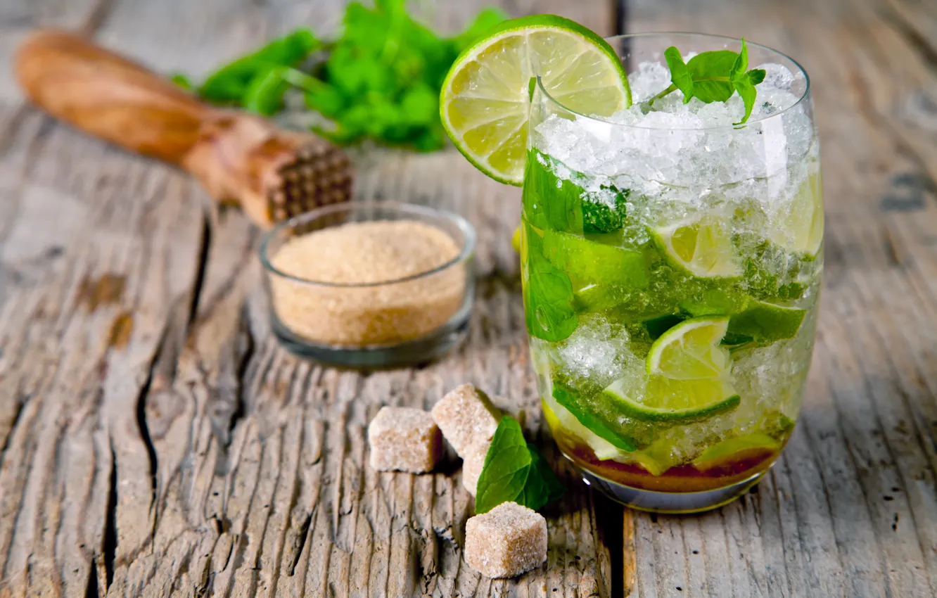 Photo wallpaper ice, cubes, glass, cocktail, sugar, lime, drink, mint