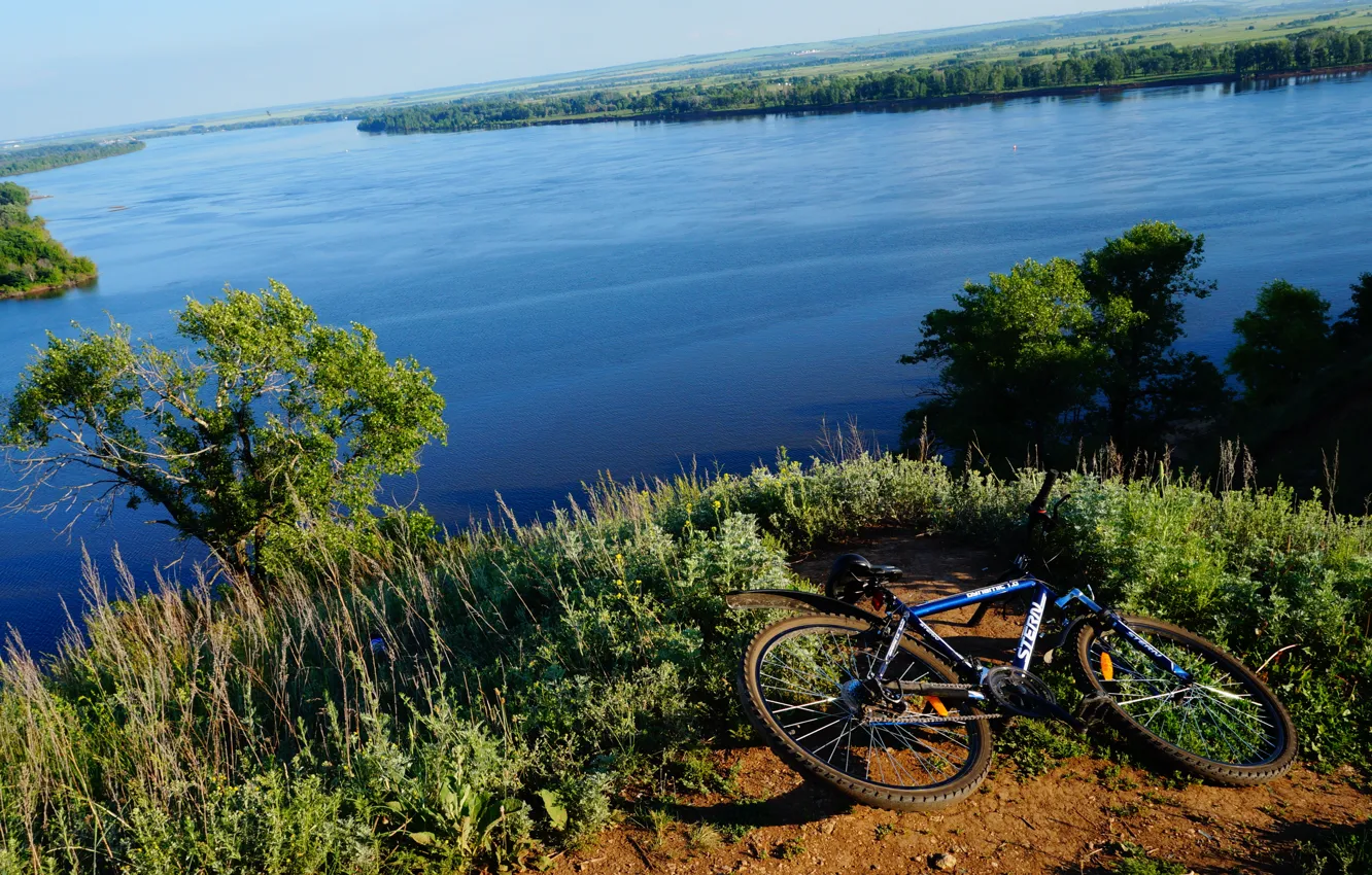 Photo wallpaper river, bike, nature, tree, hill