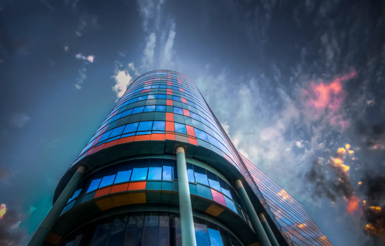 Photo wallpaper the sky, glass, clouds, the city, reflection, the building, color