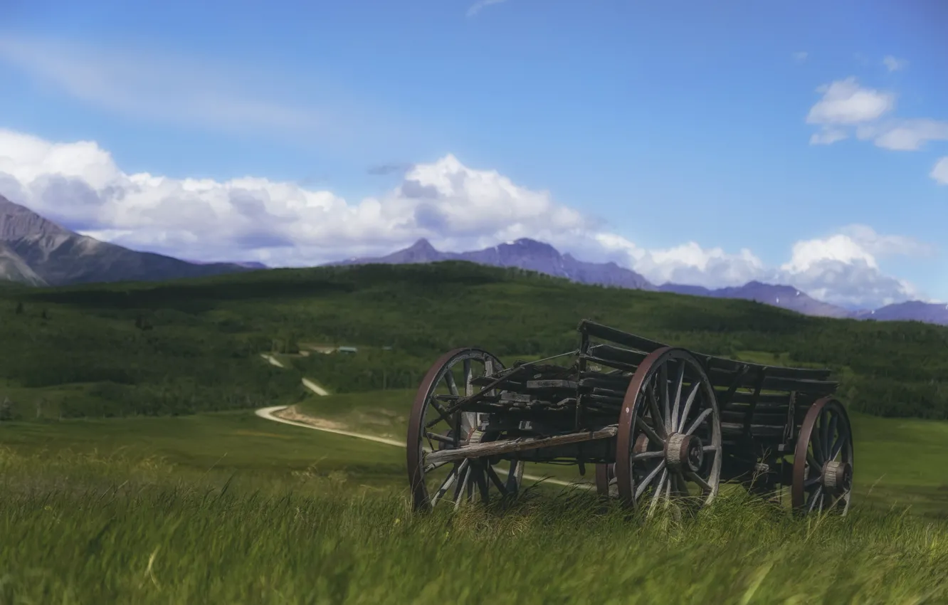 Photo wallpaper road, field, the sky, grass, clouds, mountains, blue, hills