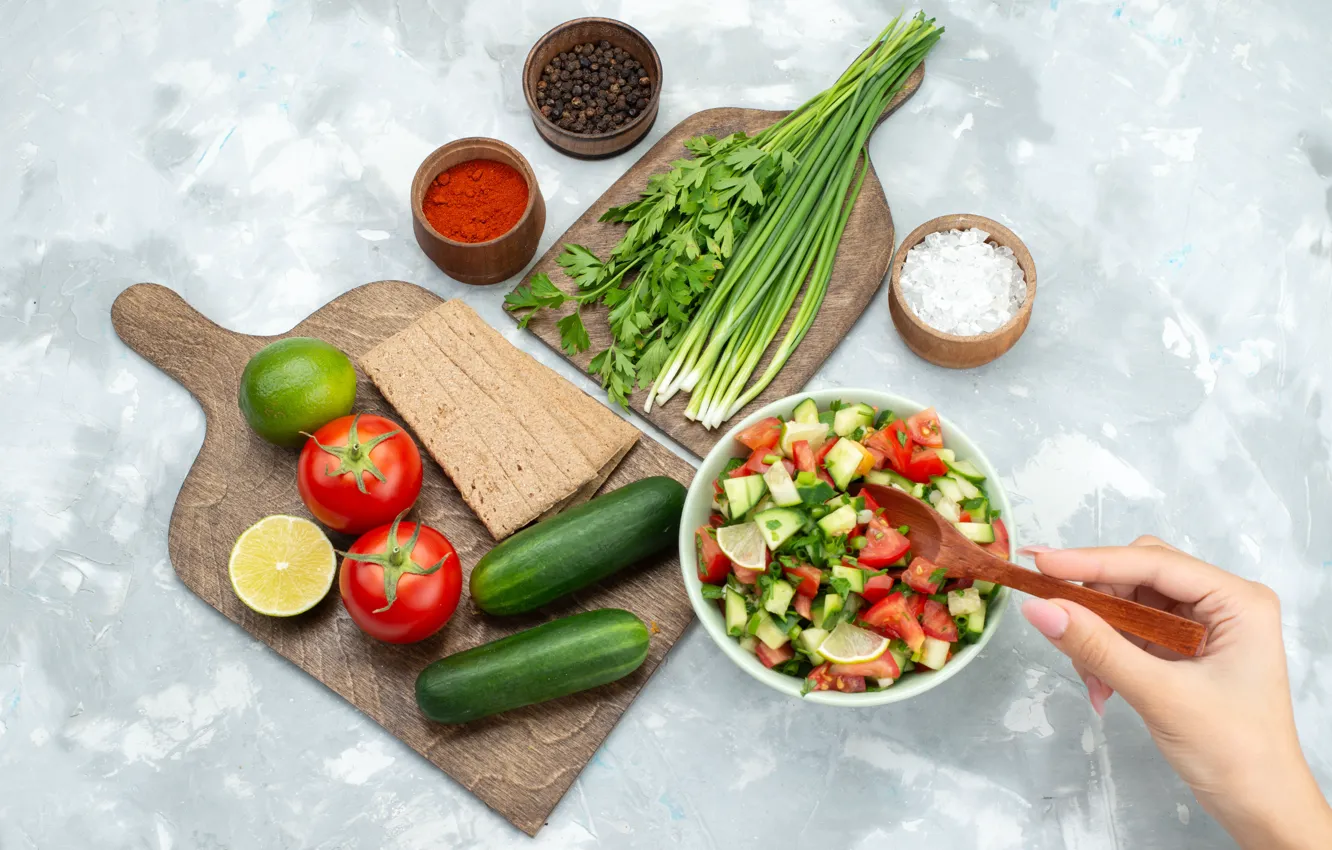 Photo wallpaper greens, food, hands, bow, spoon, lime, bowl, light background