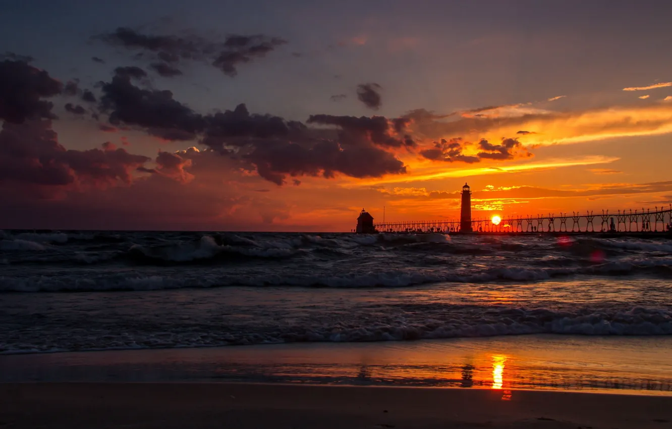 Photo wallpaper wave, the sun, sunset, pierce, storm clouds, lake Michigan, before the storm
