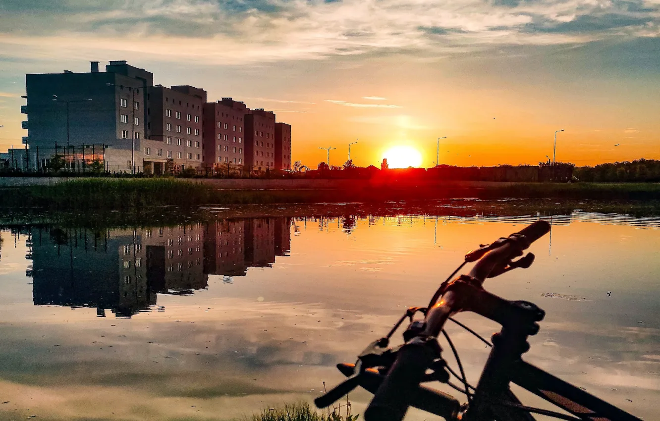 Photo wallpaper landscape, bike, sunset