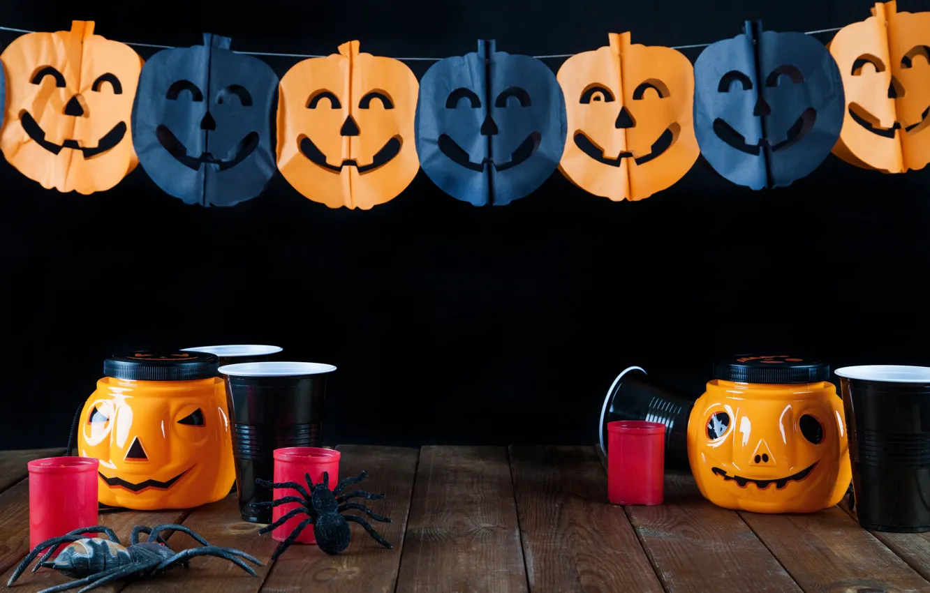 Photo wallpaper holiday, spiders, pumpkin, glasses, garland, Halloween
