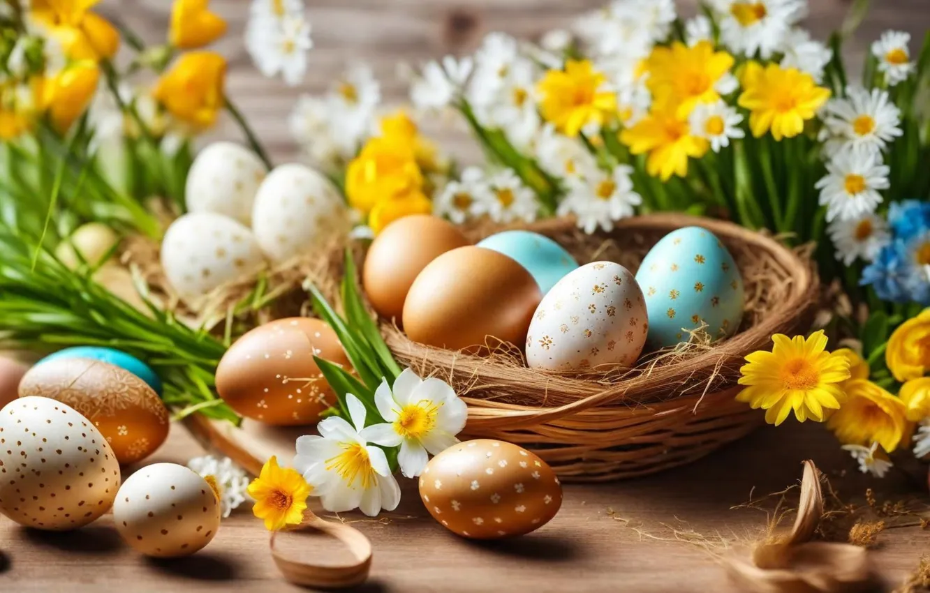 Photo wallpaper flowers, eggs, spring, colorful, Easter, flowers, spring, Easter