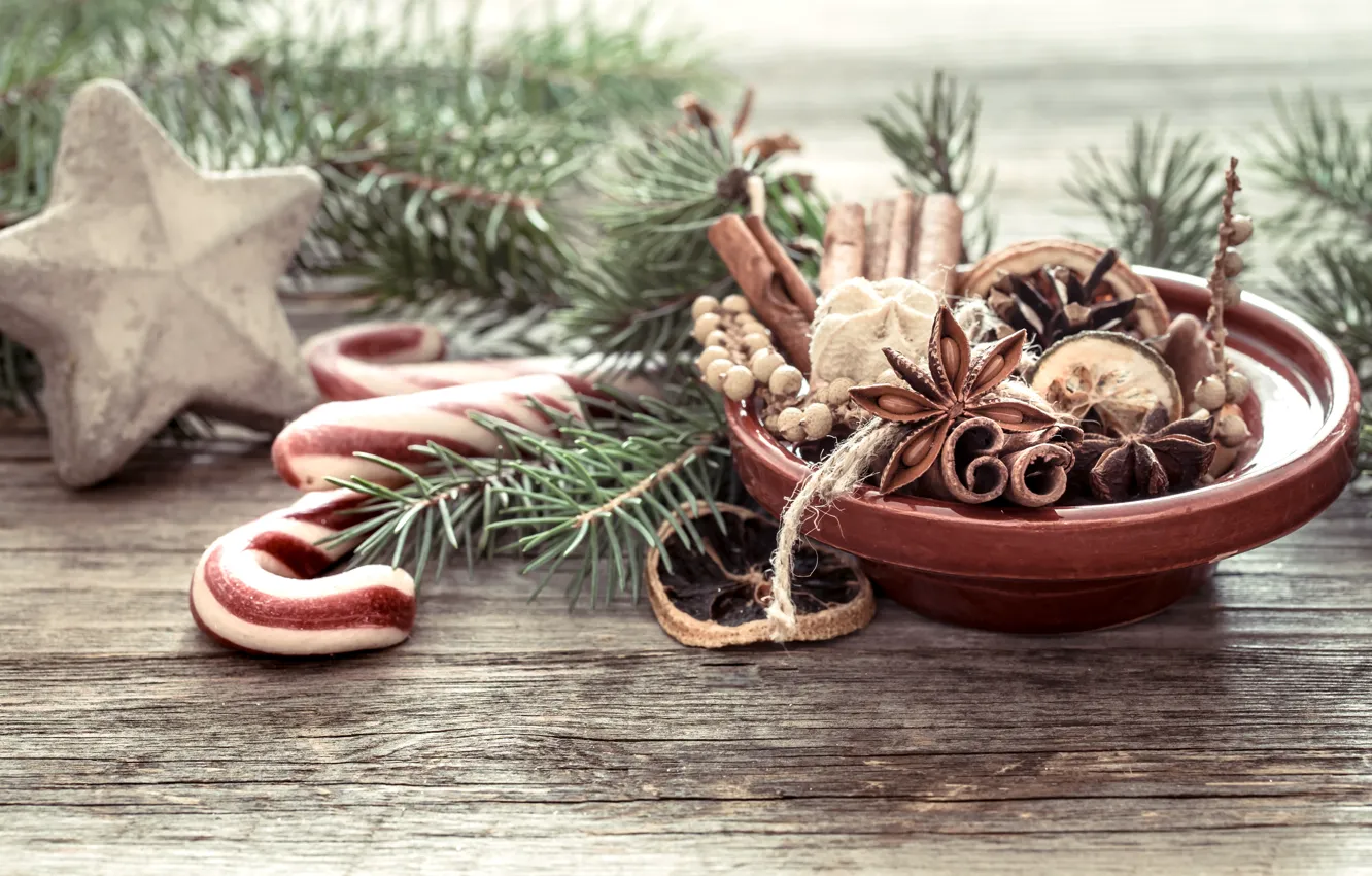 Photo wallpaper decoration, Christmas, New year, christmas, wood, vintage, spices, decoration