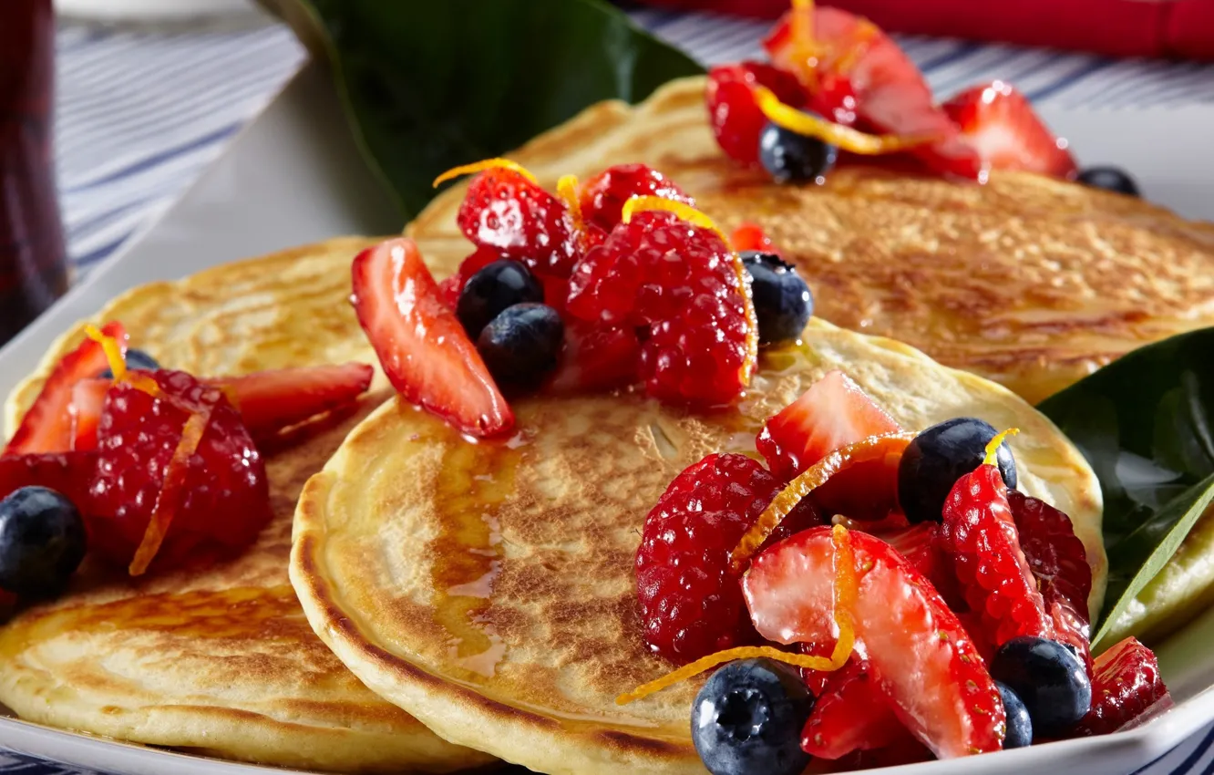 Photo wallpaper berries, strawberry, plate, honey, pancakes, cakes, pancakes