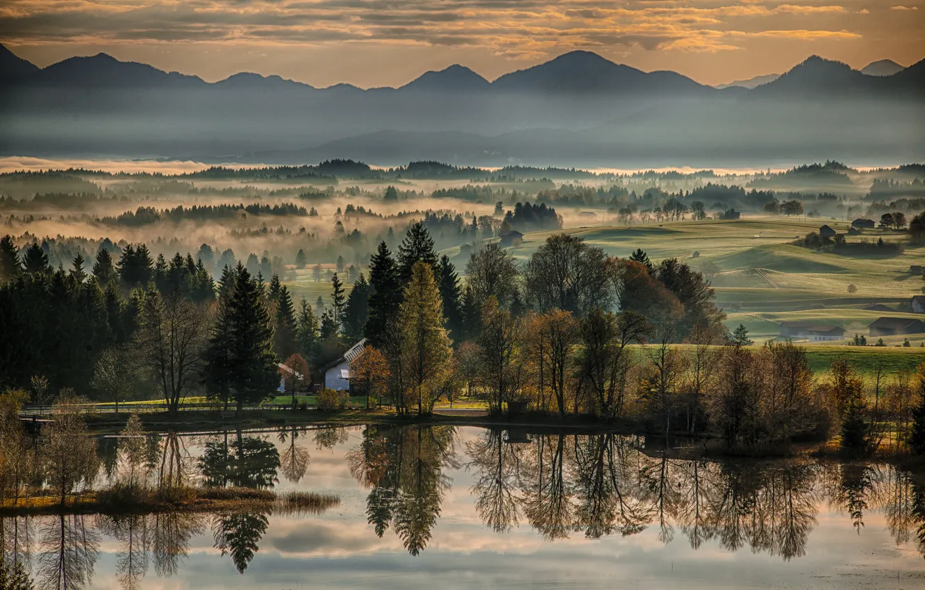 Photo wallpaper autumn, trees, mountains, reflection, river, dawn, morning, Germany