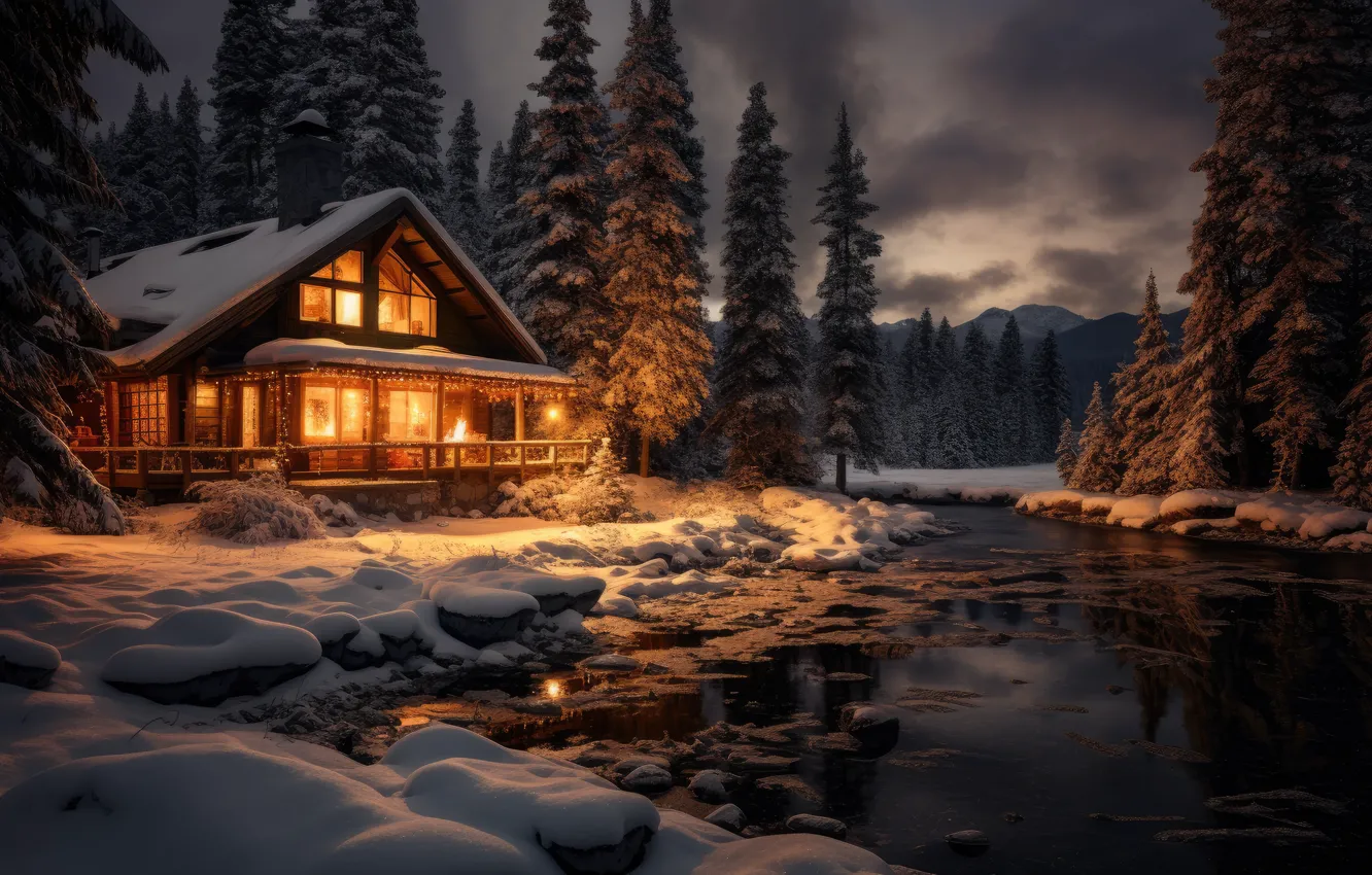 Photo wallpaper winter, forest, snow, night, frost, house, house, hut