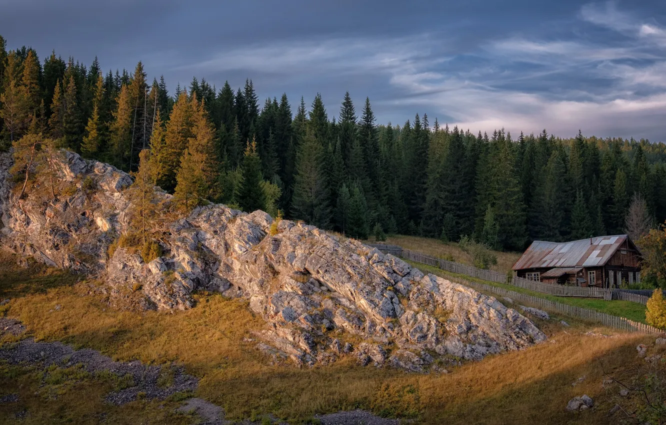 Photo wallpaper forest, landscape, nature, house, rocks, Ural, Perm, Andrei