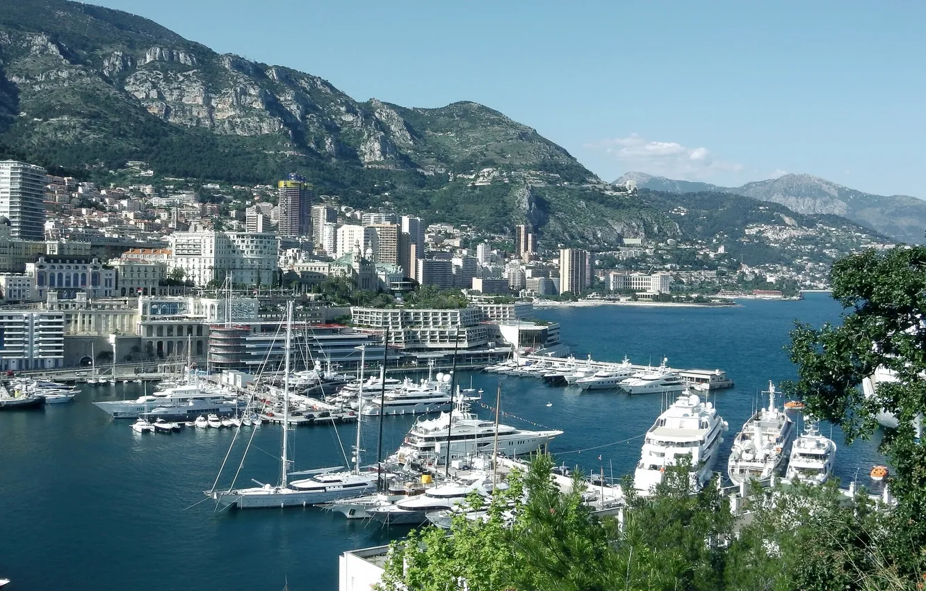 Photo wallpaper mountains, yachts, port, panorama, Bay, Monaco, Monaco, Monte Carlo