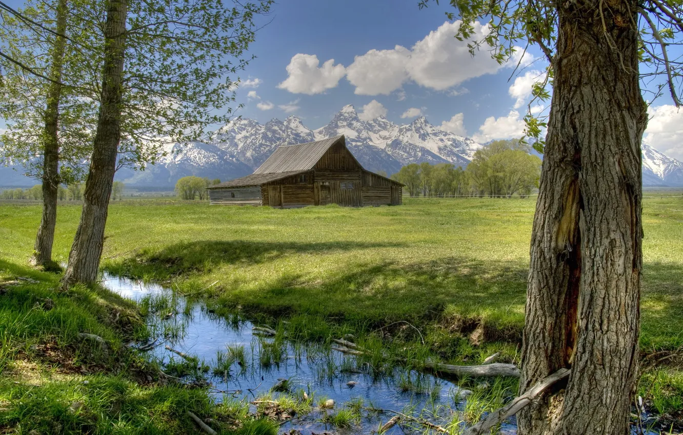 Photo wallpaper grass, trees, nature, house, Park, photo, USA, Wyoming