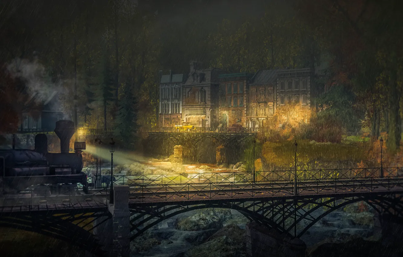 Photo wallpaper autumn, bridge, the city, river, rain, building, home, the engine