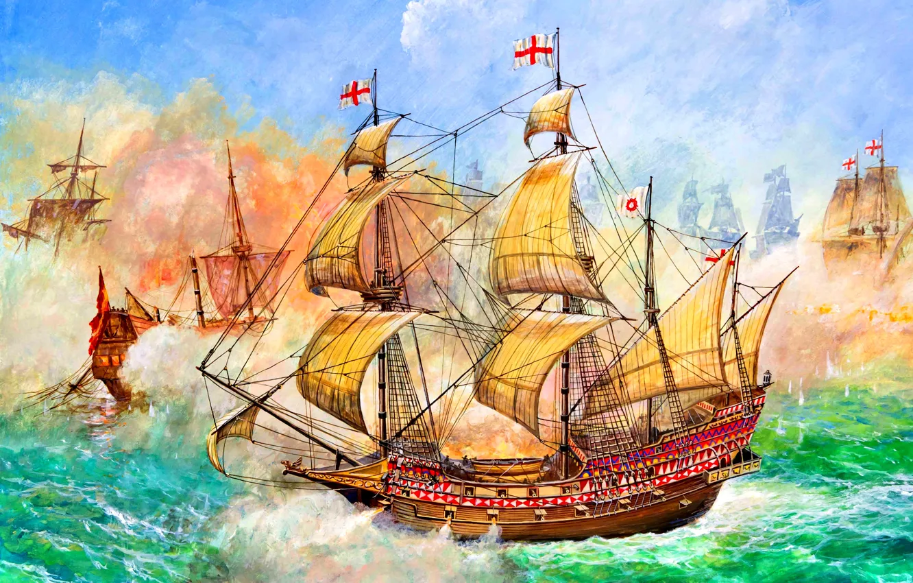 Photo wallpaper Galleon, HMS Revenge, 46 cannon, Francis Drake, Naval battle