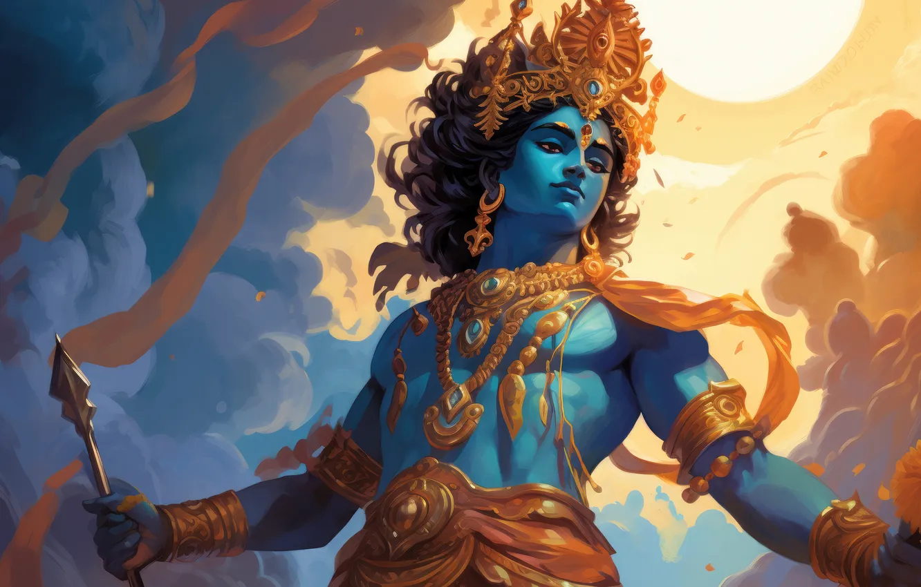 Photo wallpaper India, deity, digital art, Krishna, AI art, The Art of Artificial Intelligence, Indian Mythology, neural …