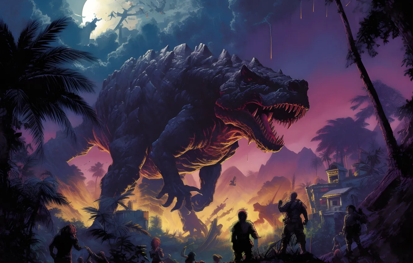 Photo wallpaper night, palm trees, animal, the moon, people, monster, dinosaur, predator