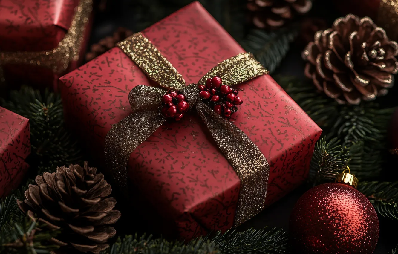 Photo wallpaper gift, new year, Christmas, banner, needles, bumps, AI art, neural network