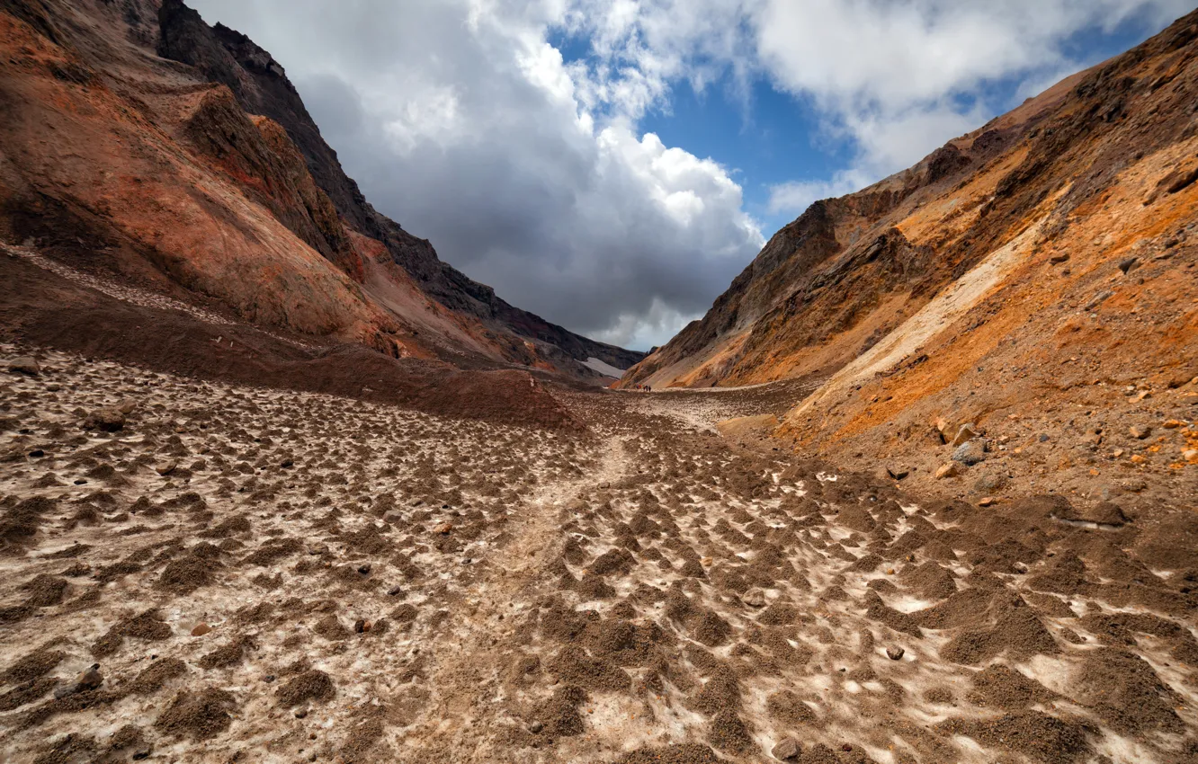 Photo wallpaper sand, the sky, clouds, mountains, stones, earth, perspective, trail