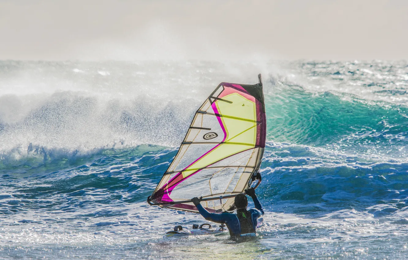 Photo wallpaper sea, wave, the wind, Board, sail, Windsurfing