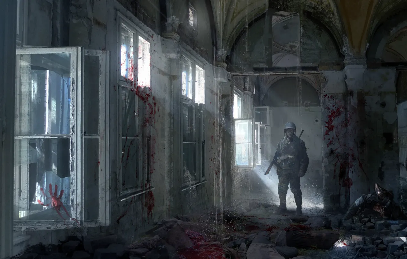 Photo wallpaper blood, Windows, corridor, soldiers, destruction, gas mask