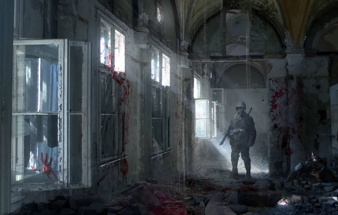 Photo wallpaper blood, window, corridor, soldiers, destruction, gas mask