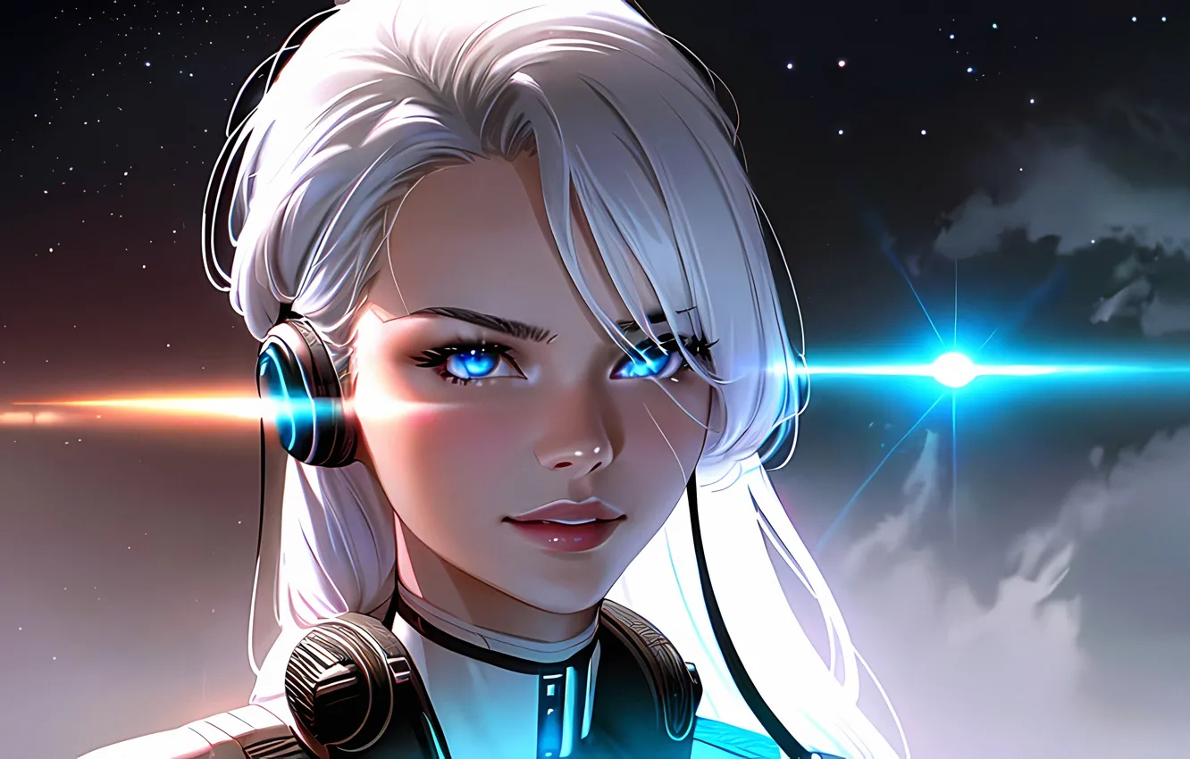 Photo wallpaper space, portrait, headphones, blue eyes, beautiful blonde, AI art, Stable Diffusion, Stability AI